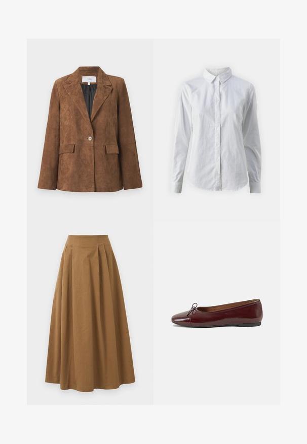 Brown suede blazer featuring a sharp collar, single button closure, two front pockets, and a smooth inner lining. Classic tailored design.; White button-up shirt made of smooth cotton, featuring a classic collar, long sleeves, and a curved hem. Buttons are small and white.; Brown cotton A-line skirt with a high waist, featuring pleats down the front and a smooth texture. Hem finishes are clean and simple.; Burgundy patent leather ballet flat with a rounded toe, small bow accent at the front, and a low, black rubber sole. Smooth texture.