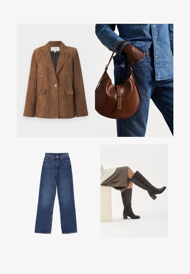 Brun ruskind blazer med en skarp krave, enkelt knaplukning, to forlommer og en glat inderside. Klassisk skræddersyet design.; To sleeveless ribbede turtleneck toppe i brun og sort, vist på en ensfarvet hvid baggrund.; Bredde ben blå denim jeans med høj talje, der har en knaplukning, fem lommer og diskret falmning på stoffet.; Brune læder støvler til knæene med firkantet tå, kraftig hæl og sidelukning. Glat tekstur med en poleret overflade.; Brun læder hobo taske med en afrundet form, der har et guldhardware-element og kontraststing. Sammen med en denimskjorte og jeans.