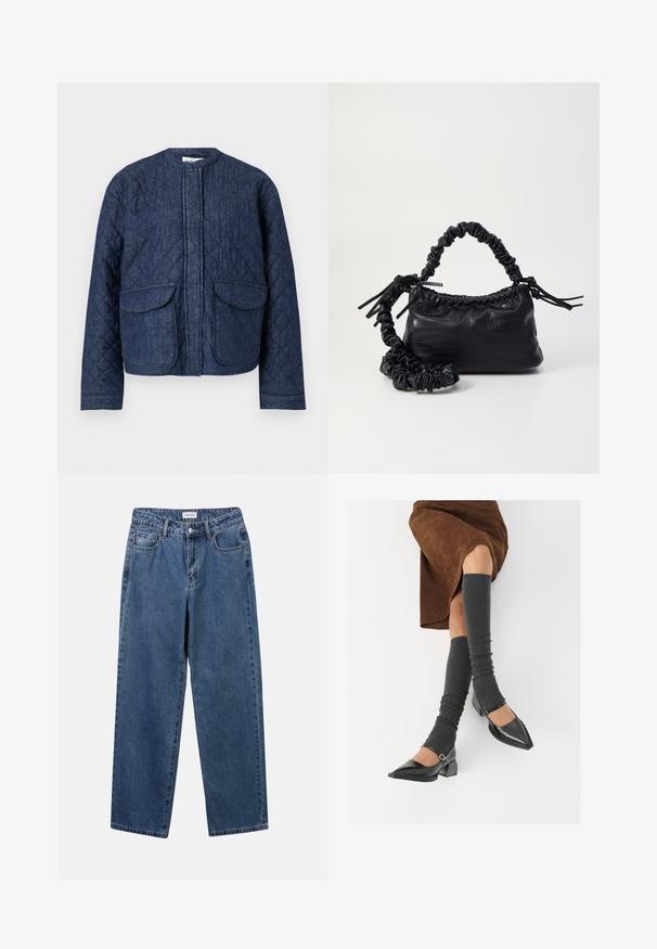Podložena denimska jakna v temno modri barvi. Ima okrogel izrez, sprednji zadrgo in dve veliki žepni zanki. Gladka tekstura z vidnimi šivi.; Svetlo siva rebrasta pletena majica s visokim kragne i dugim rukavima, prikazana na beloj pozadini.; Klasične modre jeans hlače s ravnim krojem, petimi žepi in gumbom za zapiranje. Imajo srednje pranje in trdno teksturo.; Črne lakirane čevlje s pointy prsti in blok peto ter z naramnicami za gleženj, ki jih kombiniramo s sivimi rebrastimi nogavicami in rjavim suknjičem iz usnja.; Črna torbica iz umetnega usnja s krokodilovo teksturo, z zvitim vrhom in zmečkano naramico. Zdi se mehka in kompaktna v oblikovanju.
