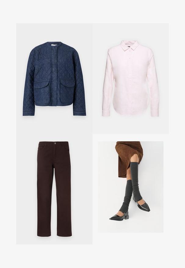 Gequilted dennenjasje in donkerblauw. Heeft een ronde halslijn, een rits aan de voorkant en twee grote opgestikte zakken. Glad textuur met zichtbare stiksels.; Lichtroze overhemd met lange mouwen en een button-down kraag, met een rechte zoom en een zachte textuur, gemaakt van lichtgewicht katoen.; Twee witte mouwloze T-shirts van zachte katoenstof, met een ronde halslijn en zonder zichtbare patronen of hardware.; Bruine katoenen broek met een recht gesneden ontwerp, twee voorkawarkan en een knoopsluiting bij de taille. Gladde textuur zonder zichtbare patronen.; Zwarte gepatineerde leren pumps met een puntige neus, een blokhak en een enkelbandje, gecombineerd met grijze geribde beenwarmers en een bruine suède rok.
