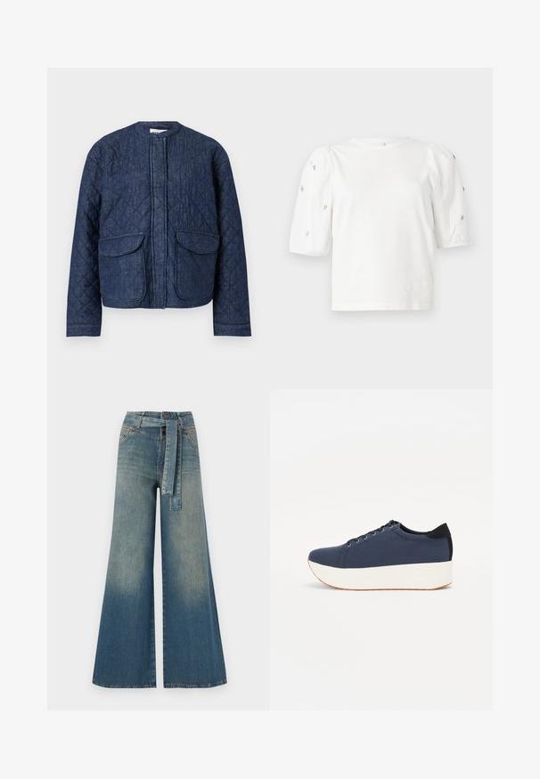 Kvadrātveida džinsa jaka tumši zila. Iespējas apaļa kakla izgriezums, priekšējā rāvējslēdzis un divas lielas fiksējošās kabatas. Gluda tekstūra ar redzamām šuvēm.; Balta kokvilnas t-kreklu ar īsām puff piedurknēm, ar nelieliem sudraba rotājumiem gar piedurknēm. Klasisks apaļš izgriezums, brīvā piegriezuma.; Platām kājām džinsu bikses ar gaismas līdz tumši zilam gradientam, augstu jostas līniju, jostas cilpām un atbilstošu auduma jostu. Tekstūrēts džinsas apdare.; Navy zilo apavi ar strukturētu auduma augšdaļu, baltu platformas zoli, noapaļotu pirkstu daļu un melnu papēža akcentu. Iekļautas sešas acs caurumi šnuķēšanai.