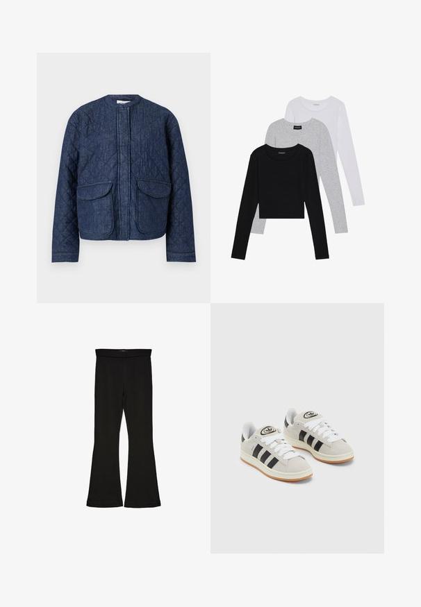 Kvadrātveida džinsa jaka tumši zila. Iespējas apaļa kakla izgriezums, priekšējā rāvējslēdzis un divas lielas fiksējošās kabatas. Gluda tekstūra ar redzamām šuvēm.; Trīs garām piedurknēm veidotas augšdaļas, sakrautās: melna, pelēka un balta. Katram ir noapaļots kakla izgriezums un īsa dizaina forma ar gludu, vieglu audumu.; Melnas flared leggings, kas izgatavotas no stiepjama auduma. Iezīmējas ar platu jostasvietu un gludu tekstūru, ar pieguļošu siluetu, kas paplašinās pie apakšmalas.; Pelēkas zamšādas kedas ar baltām saites, melnām svītrām un baltu gumijas zoli. Raksturīga apļa logo uz mēles un gumijas zole.