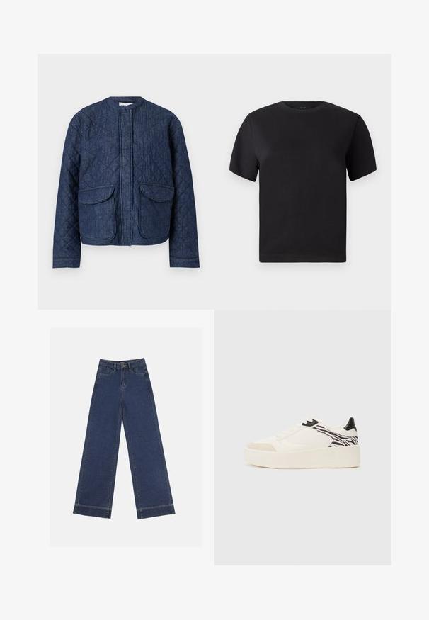 Veste en denim matelassé bleu foncé. Dotée d'un col rond, d'une fermeture éclair à l'avant et de deux grandes poches à rabat. Texture lisse avec couture visible.; T-shirt noir à manches courtes, col rond, en coton doux, texture lisse, design minimaliste sans motifs ni accents.; Jeans à jambes larges en denim bleu foncé. Comprend cinq poches, des passants de ceinture et un ourlet brut en bas avec des détails de couture visibles.; Even&Odd Baskets basses - white/black
