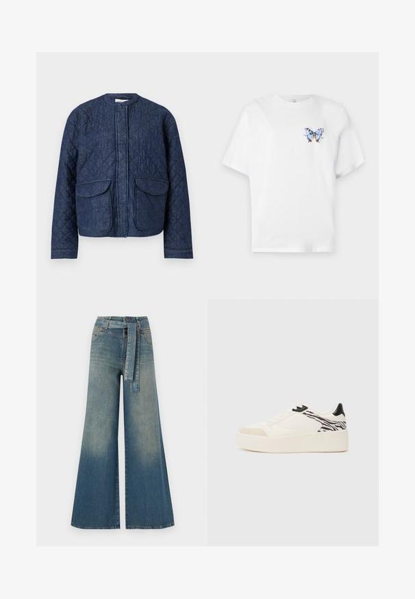 Quiltad denimjacka i mörkblått. Har rund halsringning, dragkedja framtill och två stora bröstfickor. Slät yta med synliga sömmar.; Vit bomulls t-shirt med en färgglad fjärilsdesign på vänster bröst. Kortärmad och med en avslappnad passform.; Breda denimbyxor med en ljus till mörkblå gradient, hög midja, bälteshällor och ett matchande tygbälte. Texturerad denimfinish.; Even&Odd Sneakers - white/black