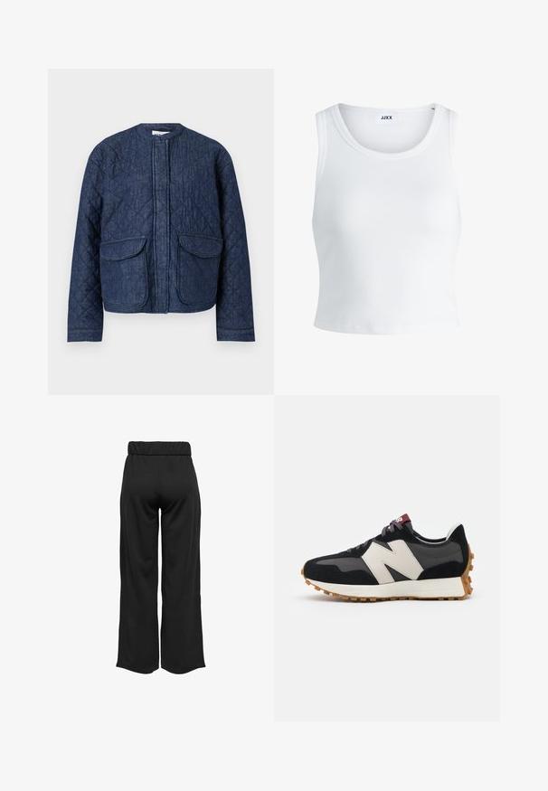 Casaco de ganga acolchoado em azul escuro. Apresenta um decote redondo, fecho éclair frontal e dois grandes bolsos com aba. Textura suave com costura visível.; Top curto branco com nervuras, apresentando um decote redondo, design sem mangas e um comprimento cropped. Rótulo lê "JJXX." Textura de tecido suave.; Calças largas e pretas com uma cinta elástica, feitas de um tecido suave. Apresentam um design limpo, sem bolsos ou detalhes de costura visíveis.; Sneaker em camurça preta e cinza com um grande logótipo "N" creme, cordões roxos e uma sola de borracha texturizada em cor de goma.