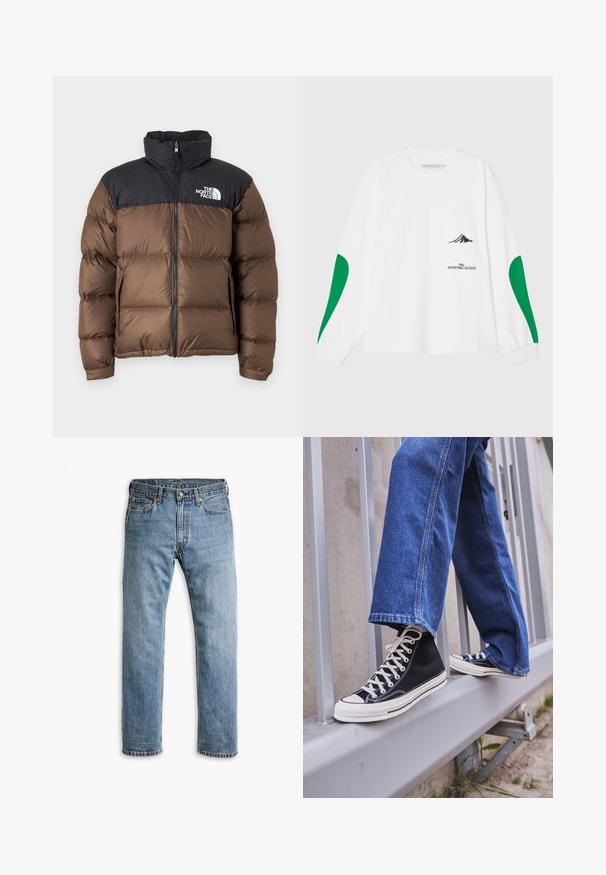 Brun oppustelig jakke med en sort isoleret øverste sektion, der har en høj krave, frontlynlås og logo på venstre bryst.; Pal Sporting Goods SAR LONGSLEEVE UNISEX - Langærmet T-shirt - marshmellow; Blå straight-leg denim jeans med fem lommer, bæltestropper og metalknaplukning på en hvid baggrund.; Sorte høj-top sneakers med hvid sål og snørebånd, parret med løse blå denimjeans, hvilende på et gråt gelænder.