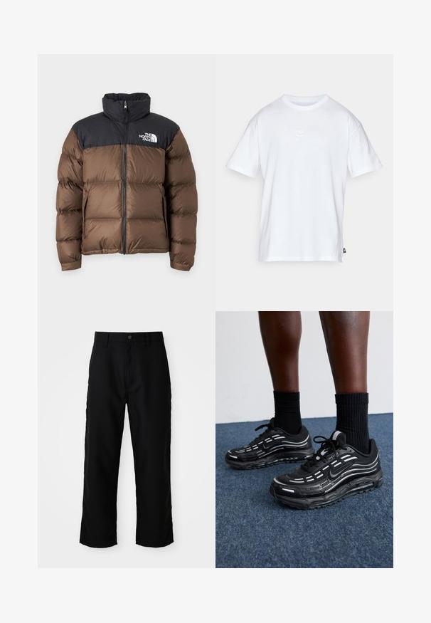 Pruun puffjakker musta isoleeritud ülemise osaga, millel on kõrge krae, eesmine tõmblukk ja logo vasakul rinnal.; Valge puuvillane t-särk lühikeste varrukatega ja ümmarguse kaelusega. Sellega on kaasas väike, tagasihoidlik Nike logo rinnal ja külgmine silt.; Mustad sirgedega püksid, millega on kaasas vööloopid, eesnupu ja tõmbluku sulgemisega, heledal neutraalsel taustal.; Mustad mustad Nike'i jalanõud on varustatud võrkstruktuuriga pealispinna, aktsenttriipude, tekstuuritud paelte ja musta kummist tallaga. Kannan mustade ribakudumiste sokkidega.