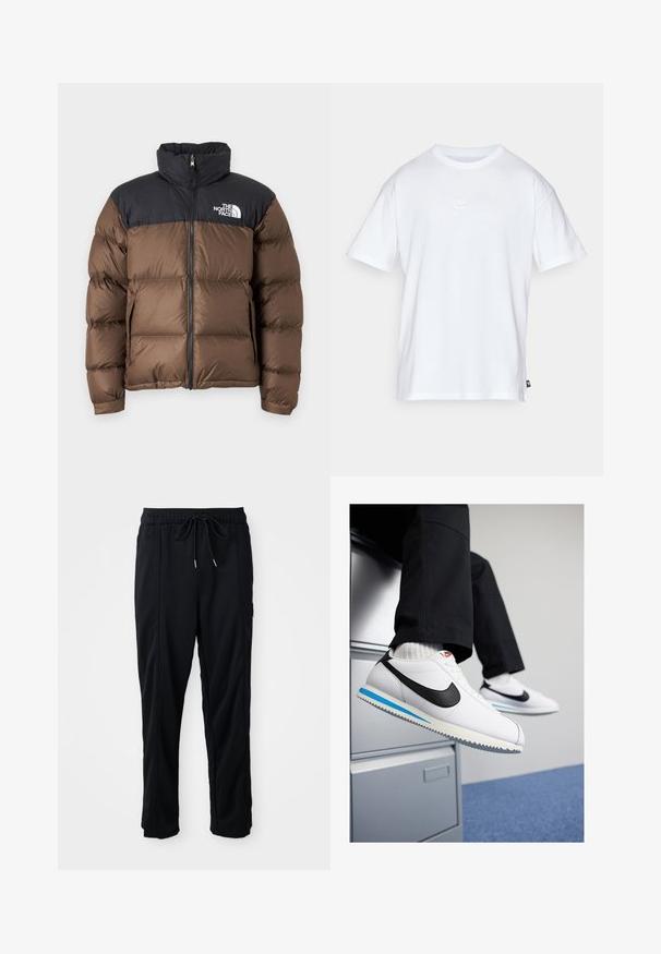 Brūns pūkains mētelis ar melnu izolētu augšējo daļu, kas iekļauj augstu apkakli, priekšējo rāvējslēdzēju un logo uz kreisā krūšu rajona.; Balts kokvilnas T-krekls ar īsām piedurknēm un apaļu kakla izgriezumu. Uz krūtīm ir maza, diskrēta Nike logo un sānu birka.; Melnas bikses ar aukliņu jostas vietā, ar sānu kabatām un taisnu kāju griezumu uz vienkrāsaina fona.; Baltas ādas sporta apavi ar melnu Nike zīmi, gaiši zilu un pelēku gumijas zoli un klasisku auklu dizainu. Kājām atpūšoties uz dokumentu skapja.