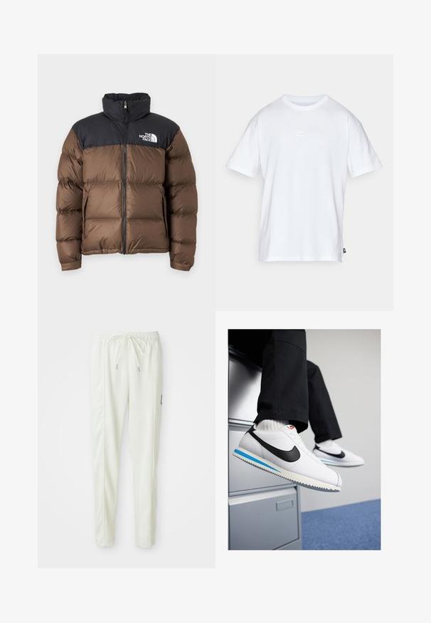 Smeđi puffer jakna s crnim izoliranim gornjim dijelom, uključujući visoki ovratnik, prednji zip i logotip na lijevoj strani prsnog koša.; Bijela pamučna majica s kratkim rukavima i okruglim izrezom. Ima mali, diskretni Nike logo na prsima i oznaku sa strane.; Bijele uske sportske hlače s elastičnim pojasom i vezicom, s bočnim šavovima i malim crnim logotipom na desnoj nozi.; Bijele kožne tenisice s crnim Nike logotipom, svijetloplavi i sivi gumeni potplat te klasičan dizajn vezanja. Noge su naslonjene na ormar.