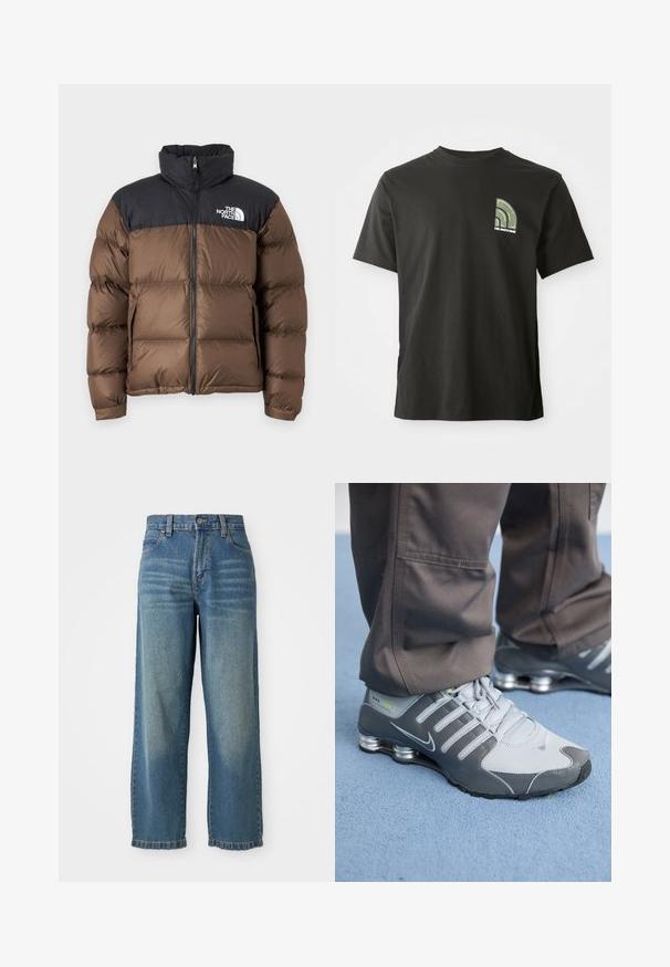 Brun pufferjakke med en svart isolert overdel, som har høy krage, frontglidelås og logo på venstre bryst.; Svart kortermet crew neck t-skjorte med en liten grønn og hvit kvart sirkel-logo og teksten "The North Face" på venstre bryst.; Lyseblå denim bukser med vide ben og høy midje, fem lommer og en lett falmet finish. Har knapp- og glidelås-lukkning.; Grå og sølv Nike Shox-sneakers har et slankt design, med mesh- og syntetiske materialer, en rund tå og en polstret krage.