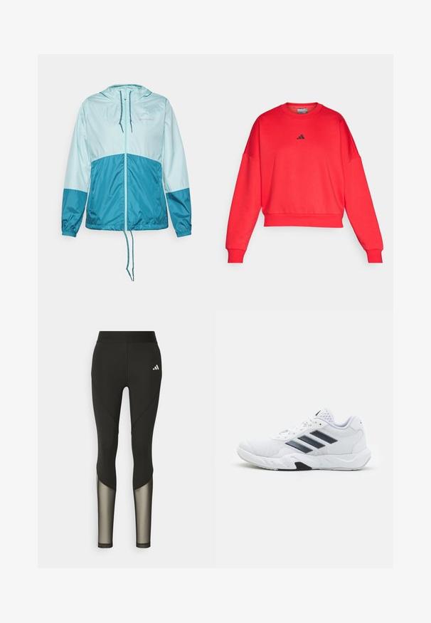 Columbia FLASH FORWARD™ - Windbreakers - spray/river blue; Rød cropped sweatshirt med rund hals og sænkede skuldre. Har et lille sort Adidas-logo på brystet. Glat stofstruktur.; Sorte atletiske leggings med høj talje, der har mesh-detaljer nederst på benene og et broderet logo på hoften.; Hvid atletisk sko med mesh-overdel, tre sorte striber på siden, strukturerede accenter og en robust gummisål med et kontrasterende sort område.