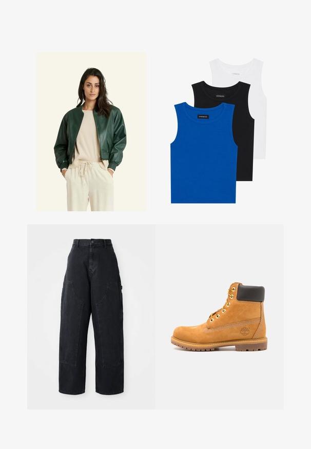 Groene leren bomberjack met ribgebreide manchetten en zoom, ritssluiting, gedragen over een beige gebreid sweater en lichte broek. Glad textuur.; Drie mouwloze shirts in blauw, zwart en wit. De stof is ribbelstof met een ronde hals. Elk shirt heeft een label met de tekst "even&odd."; Zwarte denim cargo broek met wijde been, hoge taille, twee grote voorkanten zakken en een knoopsluiting bij de taille. Soepele textuur, casual ontwerp.; Bruine leren enkelboot met zwarte voering, gouden oogjes en een gestructureerde zool. Kenmerkt zich door een cirkelvormig logo aan de zijkant en stikselaccenten.