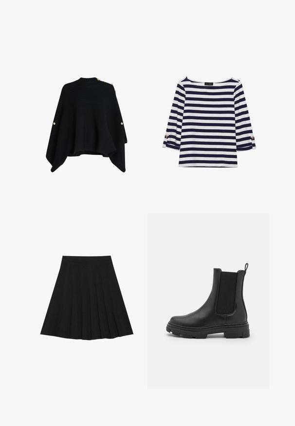Poncho negru tricotat cu un guler înalt, având nasturi aurii pe o umăr și o margine asimetrică, evazată.; Bluză cu mâneci lungi, dungată în navy și alb, cu decolteu tip bărci și accente cu nasturi aurii pe mânecile răsucite. Material moale, croială lejeră.; Fustă plisată neagră dintr-un material texturat, cu un elastic ajustat. Se termină la nivelul genunchiului, având o siluetă netedă și curată.; Cizmă de gleznă din piele neagră, cu panouri laterale elastice, vârf rotunjit și talpă din cauciuc texturat. Dispune de o buclă în spate pentru o purtare ușoară.