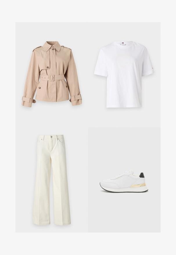 Beige trench coat with a belted waist, large collar, buttoned front, and cuffed sleeves. Features shoulder epaulets and smooth fabric texture.; White cotton T-shirt with a crew neck, short sleeves, and subtle yellow logo design reading "HILFIGER NEW YORK 1985." Standard fit.; Wide-leg white jeans made from cotton blend fabric. Features a zipper fly, five-pocket design, and stitching along the seams.; White sneaker with a smooth finish, featuring a black heel accent and a gold metallic detail on the midsole. Lace-up design, rubber sole.