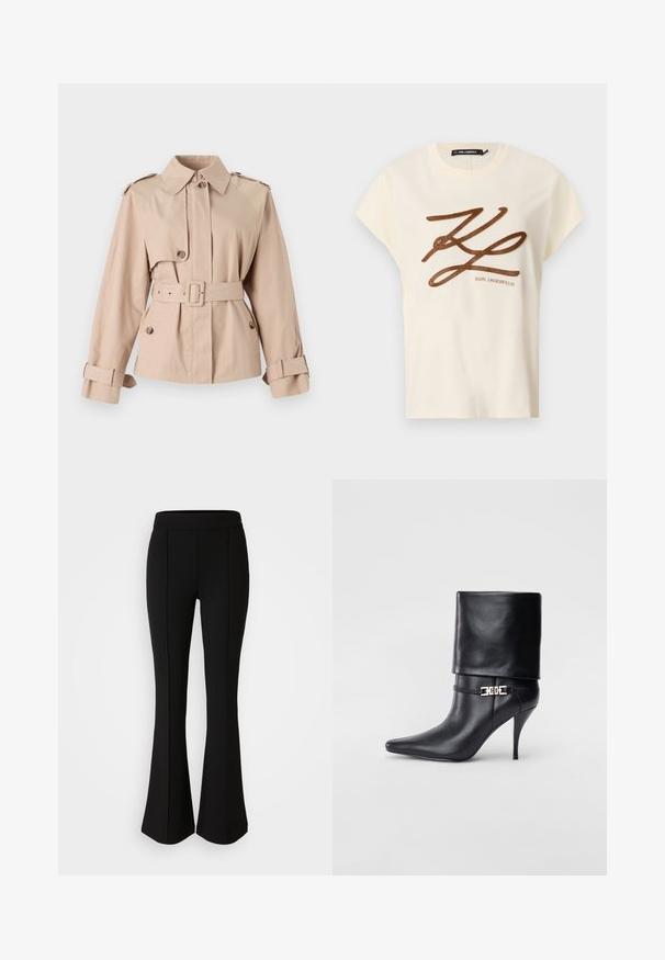 Bež trench kaput s pojasom u struku, velikim ovratnikom, dugmadi sprijeda i manžetama. Ima epolete na ramenima i glatku teksturu tkanine.; Krem majica od pamuka s kratkim rukavima, sa smešnim izvezenim logotipom i natpisom na prednjoj strani.; Crne raširene hlače izrađene od rastezljivog materijala s glatkom teksturom, s detaljima šava uz prednju stranu koji dodaju dizajnerski efekt.; Crna kožna gležnjača s šiljastim prstom, visokim stiletto potplatom, preklopnim rubom i zlatnom dekorativnom kopčom na gležnju.