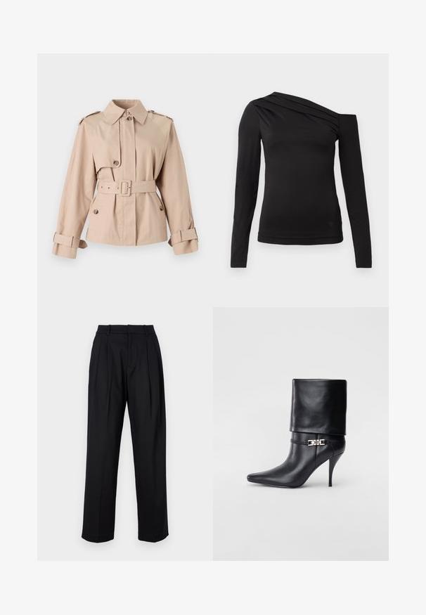 Beige trench coat s páskem v pase, velkým límcem, knoflíkovým zapínáním a manžetami. Obsahuje ramenní epauletky a hladký textilní povrch.; Černý top s dlouhým rukávem a asymetrickým výstřihem, jedním ramenem odkrytým a jemným drapováním přes hrudník.; Černé kalhoty s přizpůsobeným designem, vysokým pasem, sklady a rovnými nohavicemi. Vyrobené z hladké látky s jednou barvou.; Černé kožené kotníkové boty s špičatou špičkou, vysokým stiletto podpatkem, ohrnovací manžetou a zlatým ozdobným přezkovým detailem na kotníku.