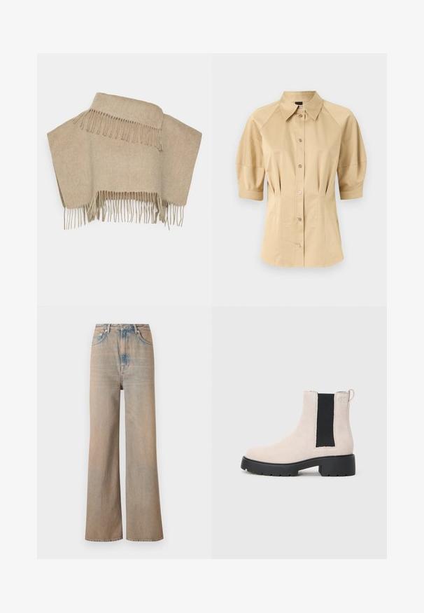 Beige woolen poncho with fringe detailing at the hem, featuring a simple rectangular shape and a soft, textured finish.; Beige button-up shirt with short puff sleeves, a spread collar, and seam detailing. Made of smooth fabric with front button closure.; Light wash wide-leg jeans with a high waist, made of denim. Features subtle stitching and five pockets, with a slightly faded texture.; Beige suede Chelsea boot with black elastic side panel, chunky black sole, and pull tab at ankle.