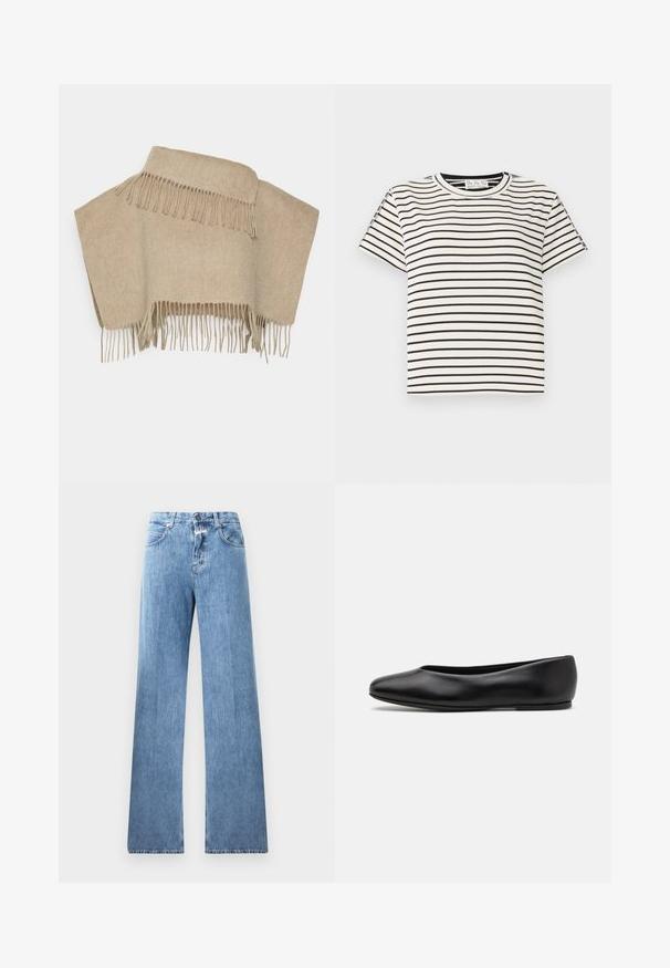 Beige woolen poncho with fringe detailing at the hem, featuring a simple rectangular shape and a soft, textured finish.; Cotton short-sleeve T-shirt with a crew neckline, featuring black vertical stripes on a white background and a straight cut design.; Light blue denim jeans with a wide-leg design, five pockets, belt loops, and a button closure. The fabric has a smooth texture.; Paul Smith TOPANGA - Ballet pumps - black