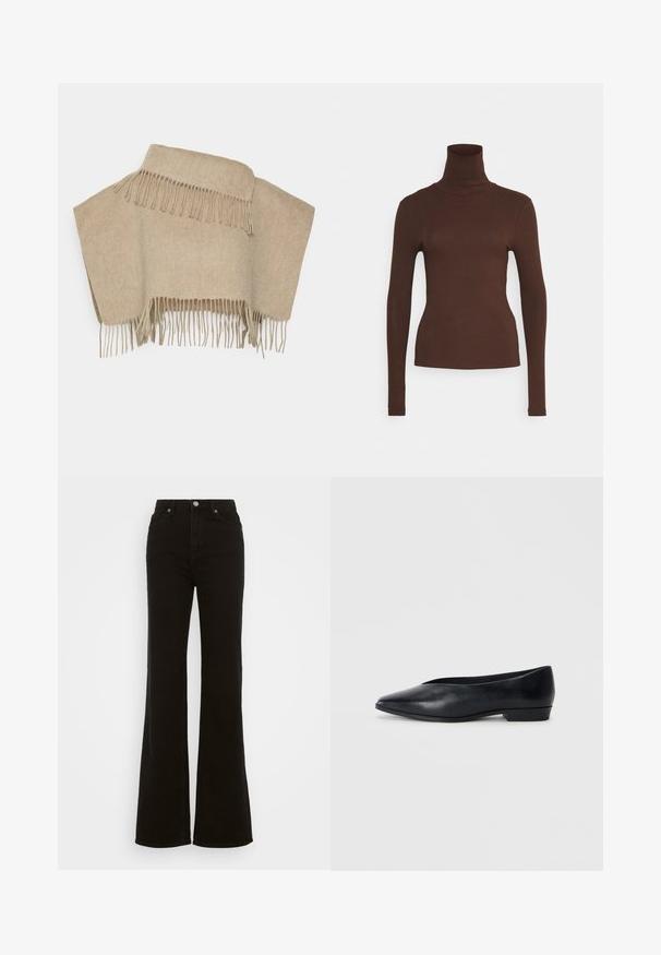 Poncho di lana beige con dettagli a frange sull'orlo, caratterizzato da una semplice forma rettangolare e una finitura morbida e testurizzata.; Pieces PCKITTE ROLLNECK - Maglietta a manica lunga - chicory coffee; Jeans neri a vita alta e svasati, realizzati in denim, con chiusura a bottone, tasche laterali e una texture liscia.; Scarpa piatta in pelle nera con punta appuntita, tacco leggermente rialzato e superficie liscia. Design semplice senza hardware o motivi visibili.