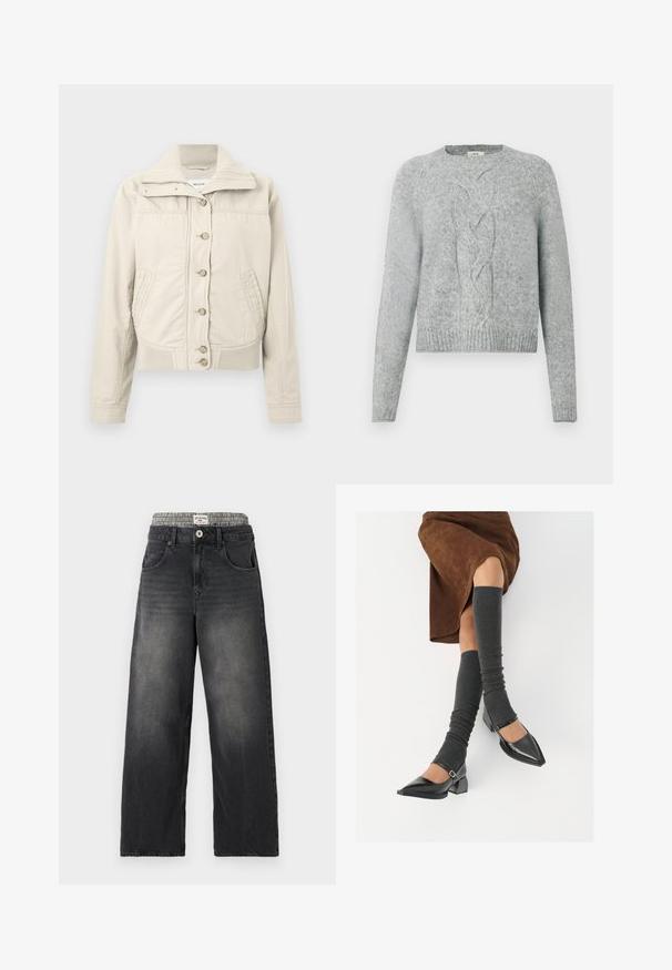 Lichtbeige casual jas met knoopsluiting, hoge geribde kraag, twee voorzakken, geribde zoom en lange mouwen.; Lichtgrijze gebreide trui met lange mouwen, ronde hals en een centraal kabelpatroon aan de voorkant.; Zwarte denim wijde jeans met een houndstooth patroon op de tailleband. Kenmerken zijn onder andere voorzakken en een knoopsluiting. Beschadigd textuur.; Zwarte gepatineerde leren pumps met een puntige neus, een blokhak en een enkelbandje, gecombineerd met grijze geribde beenwarmers en een bruine suède rok.