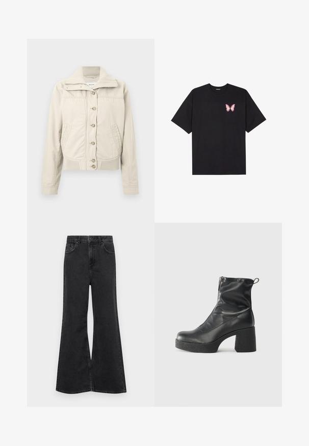 Světle béžová volnočasová bunda s knoflíkovým zapínáním, vysokým žebrovaným límcem, dvěma předními kapsami, žebrovaným spodním lemem a dlouhými rukávy.; Černé bavlněné tričko s krátkým rukávem, na levém prsou s malou grafikou růžové motýlky. Design s kruhovým výstřihem a volným střihem.; Černé džíny s rozšířenými nohavicemi a vysokým pasem, které mají pět kapes, jemné prošití a zapínání na knoflík vpředu.; Černé kotníkové boty vyrobené z hladké kůže, s bočním zipem, robustním strukturovaným podpatkem a kulatou špičkou.