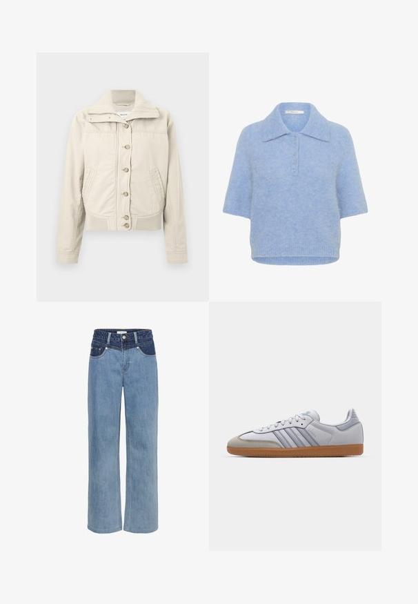 Ljusbeige avslappnad jacka med knäppning, hög ribbad krage, två framfickor, ribbad nederkant och långa ärmar.; Ljusblå, kortärmad stickad topp med krage och femknappsupply. Mjuk textur med en något boxig passform och ribbad fåll.; Ljust blå denim byxor med vida ben som har hög midja, fem fickor och en kontrasterande mörkblå lapp på framsidan.; Vita lädersneakers med ljusblå accenter, grå mocka tå och en brun gummisula. Har tre blå ränder och "Samba"-logotyp.