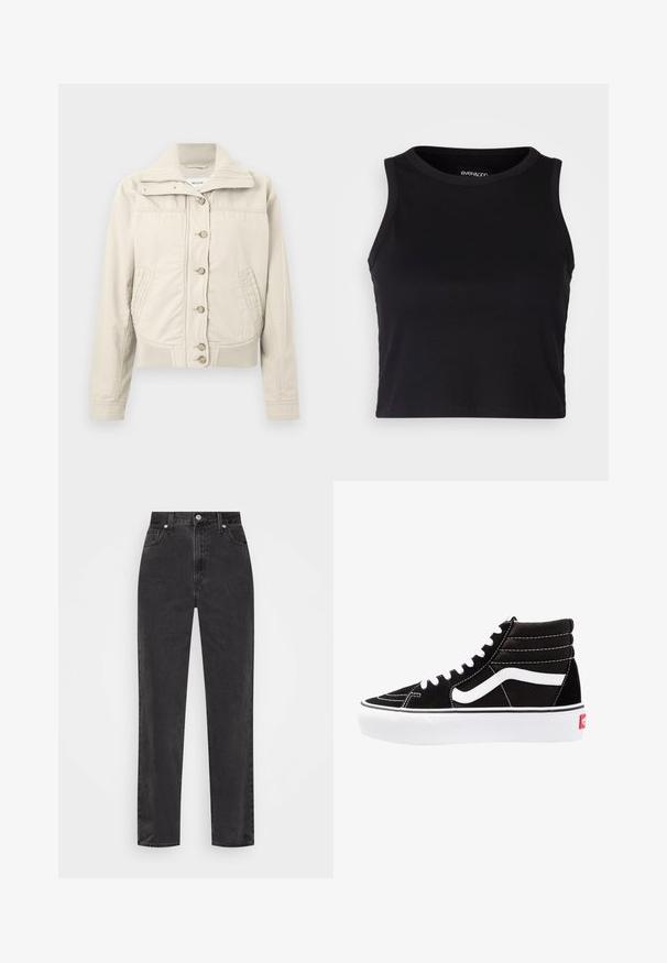 Gai bēšs ikdienas žakets ar pogu aizdari, augstu ribotu apkakli, divām priekšējām kabatām, ribotu apakšmalu un garām piedurknēm.; Melna ribota īsā topa ar apaļu kakla izgriezumu un bez piedurknēm. Izgatavota no mīksta, elastīga auduma, ar tīrām apgrieztām malām.; Melnas džinsus ar taisnu kāju un augsto jostu, ar priekšējo pogu un rāvējslēdzēju, kā arī piecu kabatu dizainu uz balta fona.; Melnas augstās kedas ar baltām šņorēm, baltu logo un kontrastējošu baltu dūrienu. Iemīlda bieza balta zole un teksturēts zamšāda augšdaļa.