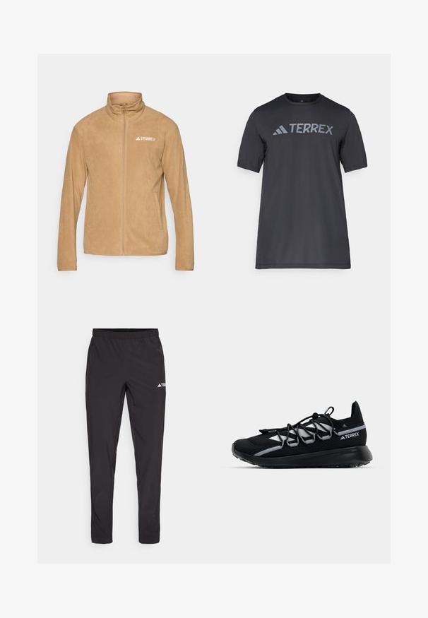 Beżowa polarowa kurtka z kołnierzem stojącym, pełnym zamkiem błyskawicznym oraz dwiema bocznymi kieszeniami. Posiada białe logo "TERREX" na lewej piersi. Gładka faktura.; Czarny t-shirt z krótkim rękawem wykonany z lekkiego materiału, z jasnoszarym logo "TERREX" na piersi oraz okrągłym dekoltem.; Czarne spodnie sportowe z elastycznym pasem, dwoma bocznymi kieszeniami na zamek i logo na górnej prawej nodze. Gładki, lekki materiał.; Czarne sportowe buty z siateczkową cholewką, odblaskowymi akcentami, elastycznymi sznurówkami i teksturowaną gumową podeszwą. Posiadają smukły design zapewniający optymalną wydajność.