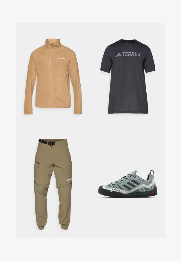Peščena flis jakna z zaščitnim ovratnikom, polnim zadrgo in dvema stranskima žepoma. Na levi strani prsi ima bel logotip "TERREX". Gladka tekstura.; Črna majica s kratkimi rokavi iz lahkega materiala, ki ima odtisnjen svetlo sivi logotip "TERREX" čez prsi in okrogel izrez.; Khaki zunanji hlače z nastavljivim črnim pasom, žepi z zadrgo, ožji konci in snemljivi spodnji deli za vsestranski slog.; Sive plezalne copate z teksturiranim zgornjim delom, črnimi gumi prikritki na prstih, tremi temnimi črtami in majhnim rdečim poudarkom na podplatu.