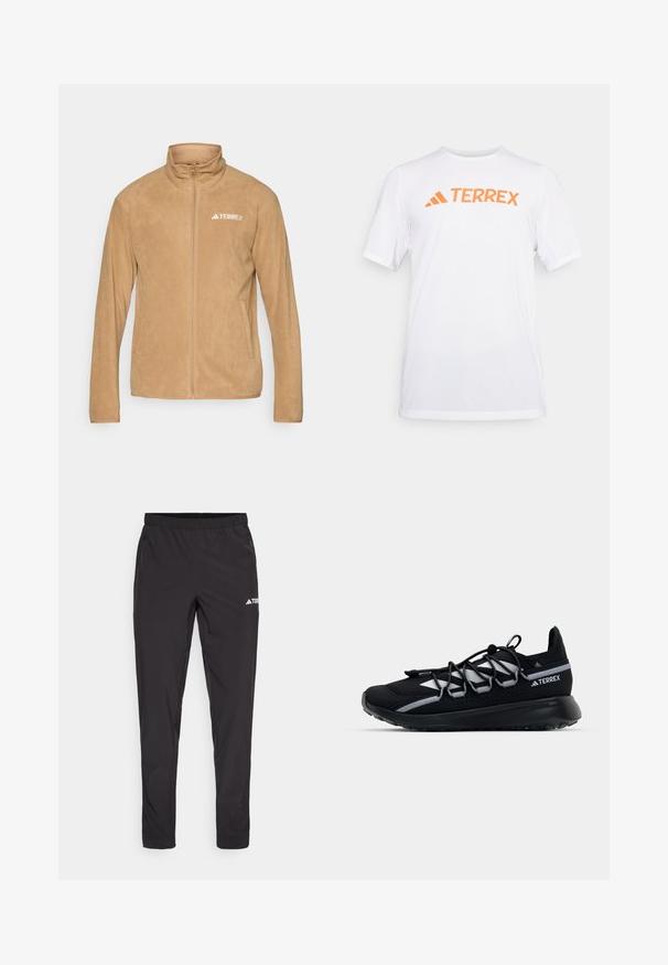 Beige fleecejakke med oppreist krage, hel glidelås og to sidelommer. Har en hvit "TERREX" logo på venstre bryst. Glatt tekstur.; Hvit kortermet treningstrøye laget av pustende materiale, med en oransje "TERREX"-logo over brystet. Enkelt design med rene linjer.; Sorte treningsbukser med elastisk linning, to sideglidelommer og en logo på øvre høyre ben. Glatt, lettvektig stoff.; Sorte idrettssko med mesh-overdel, reflekterende detaljer, elastiske lisser og en teksturert gummisåle. Har et strømlinjeformet design for ytelse.