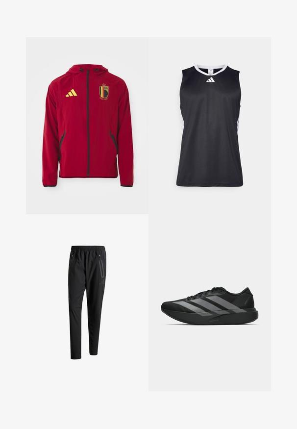 Piros, teljes hosszúságú sportdzseki kapucnival, fekete cipzárral, cipzáras oldalsó zsebekkel, sárga Adidas logóval és Belgium nemzeti labdarúgó csapatának címerével.; Fekete ujjatlan sportos tank felső V-nyakkal, fehér díszítéssel az oldalán és fehér Adidas logóval a mellkasán. Simább, nedvességet elvezető anyag.; Fekete sportos nadrág elasztikus derékpánttal, két cipzáras oldalt zsebbel, tapered lábakkal és diszkrét logóval a csípőn.; Fekete sportcipők könnyű kialakítással, három kiemelkedő szürke csíkkal, sima textúrával és kontúros talppal.