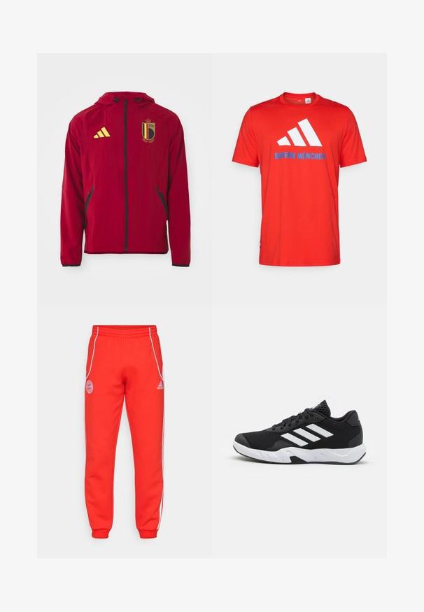 Rde športna jakna s polnim zapenjanjem in kapuco, črn zadrgo, žepoma na zadrgo, rumenim logotipom Adidas in grbom belgijske nogometne reprezentance.; Rdeča bombažna majica z belim logotipom s tremi črtami in napisom "BAYERN MÜNCHEN" v modri barvi. Okrogla ovratnika in kratkimi rokavi, preprost dizajn.; Rdeče trenirke z elastičnim pasom, belimi stranskimi črtami in podrobnimi logotipi na boki in spodnjem delu noge. Narejene so iz mehkega blaga z rebrastimi manšeti.; Črne atletske čevlje z strukturiranim mrežastim zgornjim delom, belimi poudarnimi črtami, oblazinjenim podplatom in ojačanim petnim delom za podporo.