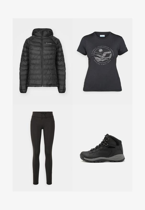 Mustalane puffer jakk, millel on viisardiga esikülg, kapuuts ja tikandid. Omab elastseid varrukaotsi, küljetaskuid ja logo rinnal.; Musternine Columbia T-särk mustas värvuses, millel on valge ümmargune mägi ja jõe joonistus ning tekst "Columbia Sportswear Company Outside Since 1938."; Mustad kõrge vöökohtadega mustad retuusid, paelaga, sileda tekstuuri ja sobiva disainiga. Külgedel on õmblusdetailid.; Mustarjaline matkasaabas, millel on keskmine disain, tekstuuriga ülemine osa, hallid aktsendid ja vastupidav kummist põhi, millel on haardelugesid.