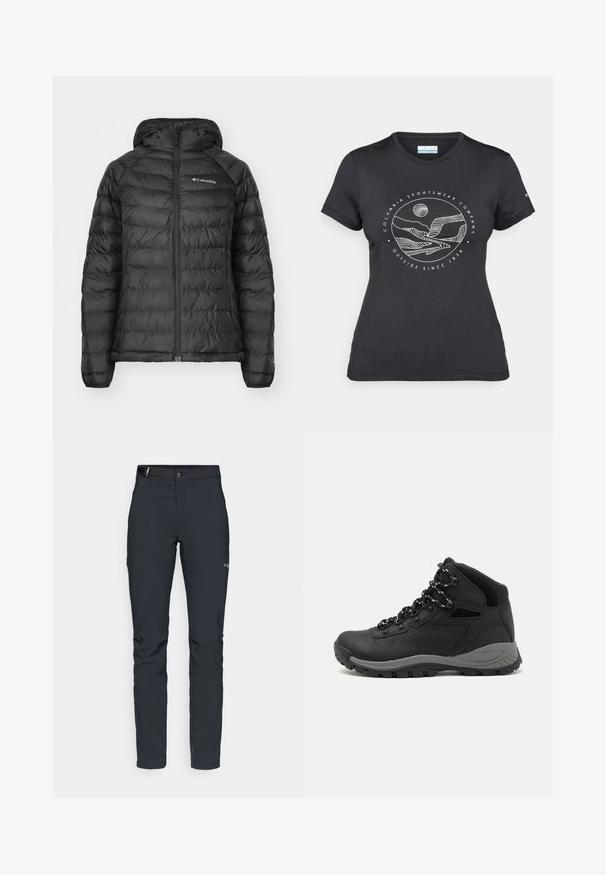 Sort puffet jakke med lynlås foran, hætte og quiltet design. Har elastiske manchetter, sidelommer og et logo på brystet.; Sort Columbia t-shirt med hvid cirkulær bjerg- og flodlinjekunst samt teksten "Columbia Sportswear Company Udenfor Siden 1938."; Herrers udendørsbukser, mørkegrå, lavet af fleksibelt materiale, med bælte, lynlåslommer og forstærkede syninger.; Sort vandrestøvle med en mellem-højde design, der har en tekstureret overdel, grå detaljer og en holdbar gummisål med skridsikre klodser.