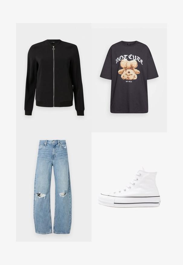 Jachetă neagră tip bomber, realizată dintr-un material neted, cu un fermoar frontal, manșete cu nervuri și buzunare laterale. Design simplu și minimalist, fără modele.; Tricou oversized negru featuring un grafic cu un urs și textul „NU E DRĂGUȚ DAR SUNT SĂLBATIC” în litere albe, îndrăznețe. Material din bumbac.; Jeans de denim, de un bleu deschis, cu talie înaltă. Au picioare late, două zone rupte la genunchi și un stil clasic cu cinci buzunare.; Adidași albi tip pantofi sport cu glezna din pânză, cu talpă din cauciuc negru, capac de vârf din cauciuc frontal și șase ochiuri pentru șireturi, având un design curat și minimalist.