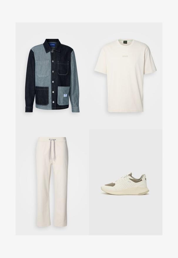 Teksastane jakk tumedat ja heledat sinist värvi värvitükkide disainiga. Omab kahte eesmist taskut ja nööbiga kinnitust. Brändi silt alumisel taskul.; BOSS TEE - Lihtne T-särk - open white; Kreemivärvilised igapäevased püksid, millel on paelaga vöö ja sirged jalad, esitledes puhtal valgel taustal.; Valge ja heledat beeži värvi spordijalats, millel on õhuke võrkmaterjal, perforatsioonidega detailid ning tekstuuriga vahetald, millel on brändi logo kannaosas.