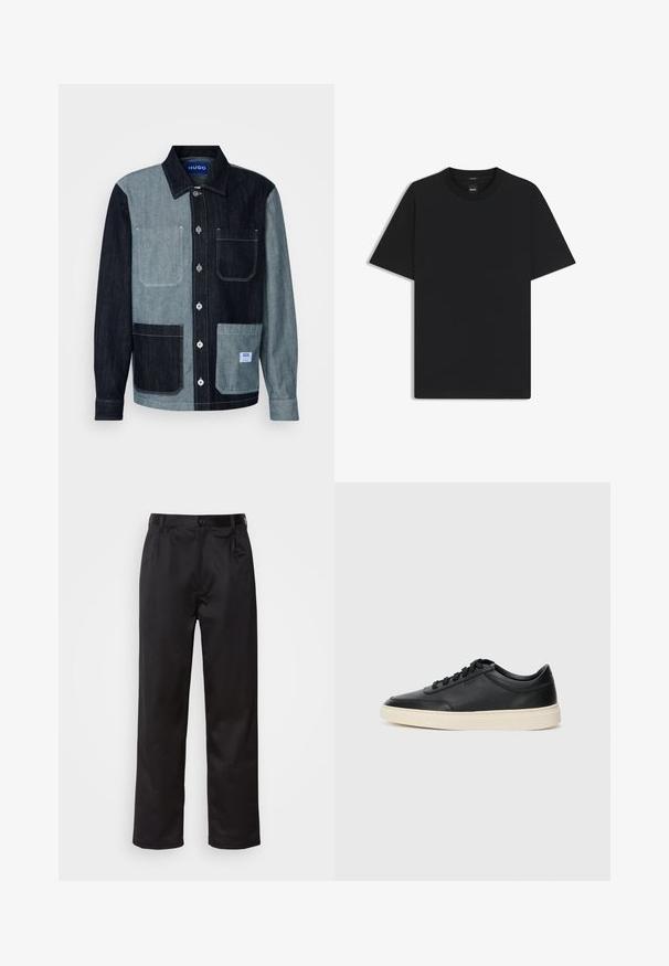 Chaqueta de mezclilla con un diseño a bloques de color en azul oscuro y claro. Cuenta con dos bolsillos frontales y un cierre de botón. Etiqueta de la marca en el bolsillo inferior.; Camiseta negra de manga corta fabricada con una suave mezcla de algodón, que presenta un cuello redondo y un diseño minimalista sin patrones ni acentos.; Pantalones negros de tela suave, con cierre delantero de botón, pliegues y patas rectas. Sin patrones ni acentos visibles.; Zapatilla negra de piel de caña baja con cordones negros y suela color crema, mostrada en perfil lateral sobre fondo blanco.