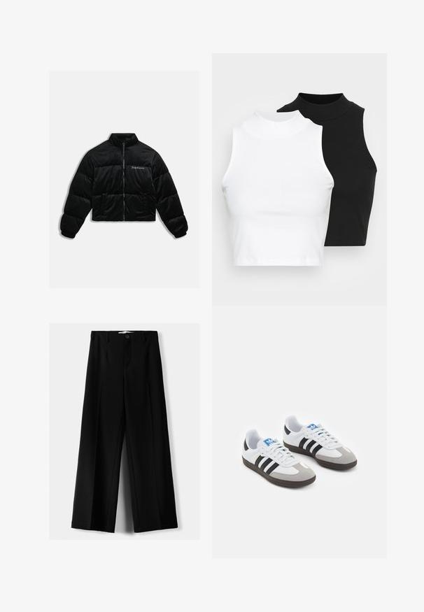 Černá zkrácená péřová bunda z měkkého sametu. Vybavena vysokým límcem, zipovým zapínáním vpředu a dvěma bočními kapsami. Obsahuje výšivku loga na hrudi.; Dvě bezrukávové halenky s ribovým stojáčkem v černé a bílé barvě, které mají přiléhavý střih a hladkou texturu, s krácenou délkou.; Černé široké kalhoty z lehkého materiálu s předním zapínáním na knoflík a hladkým předním dílem, s pečlivě přišitými lemy.; Sportovní boty s bílým koženým svrškem, šedou semišovou špičkou a třemi černými pruhy. Obsahují modré logo na jazyku a texturovanou gumovou podrážku.
