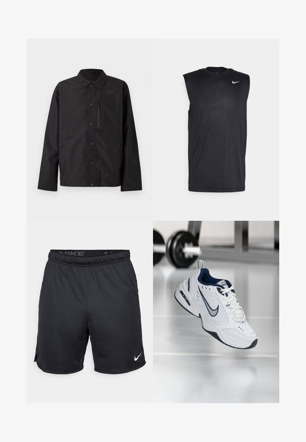 Juodas mygtukų užsegamas švarkas su apykakle, ilgomis rankovėmis, krūtine užtrauktuku užsegama kišene ir subtilia logo kairiajame krūtinės kampe.; Juodas be rankovių sportinis marškinėlis, pagamintas iš lygaus audinio, su apvalia iškirpte ir mažuoju baltu "Nike" swoosh logotipu kairėje viršutinėje pusėje.; Juodos Nike šortai su elastinga juosme, šoninėmis įpjovomis ir baltu Nike logotipu apatinėje kraštinėje. Pagaminti iš lengvo, tekstūruoto audinio.; Balti sportiniai batai su tamsiai mėlynu akcentu, akių ir odos viršumi, sustiprinta nosimi ir juodu guminiu padu. Yra išskirtinė Nike ženklinimo funkcija.