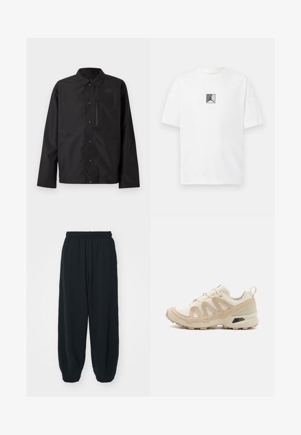 Mustapaita, jossa on kaulus, pitkät hihat, rintatasku vetoketjulla ja huomaamaton logo vasemmassa rinnassa.; Valkoinen puuvillapaita, jossa on keskellä musta ja harmaa logokuva. Klassinen pyöreä kaula-aukko ja lyhyet hihat rentoa istuvuutta varten.; Mustat, elastisella vyötäröllä varustetut collegehousut, joissa on löysä istuvuus, cuffattu lahje, sileä pinta ja ilman näkyviä kuvioita tai varusteita.; Beige ja kreemi värvi sportlikud jalanõud, millel on tekstiilne mesh ülemine osa, toetavad ülekatted ja kummist tald, millel on mustripattern haardeks.