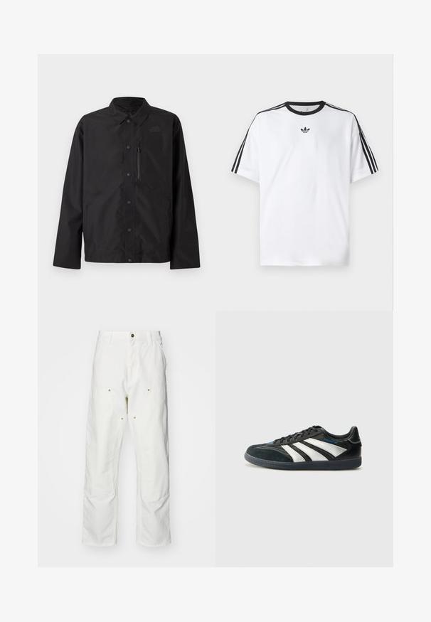 Svart knappejakke med krage, lange ermer, brystlomme med glidelås og diskret logo på venstre bryst.; Hvit T-skjorte laget av bomull, med svart rund hals og tre svarte striper på hver skulder. Liten svart logo på brystet.; Hvite bomullscargo bukser med avslappet passform. Funksjoner inkluderer frontlommer, gullfargede detaljer og forsterkede knepartier.; adidas Performance PREDATOR FREESTYLE JUDE INDOOR FOOTBALL SHOES - Innendørsfotballsko - core black/silver-coloured/glory blue