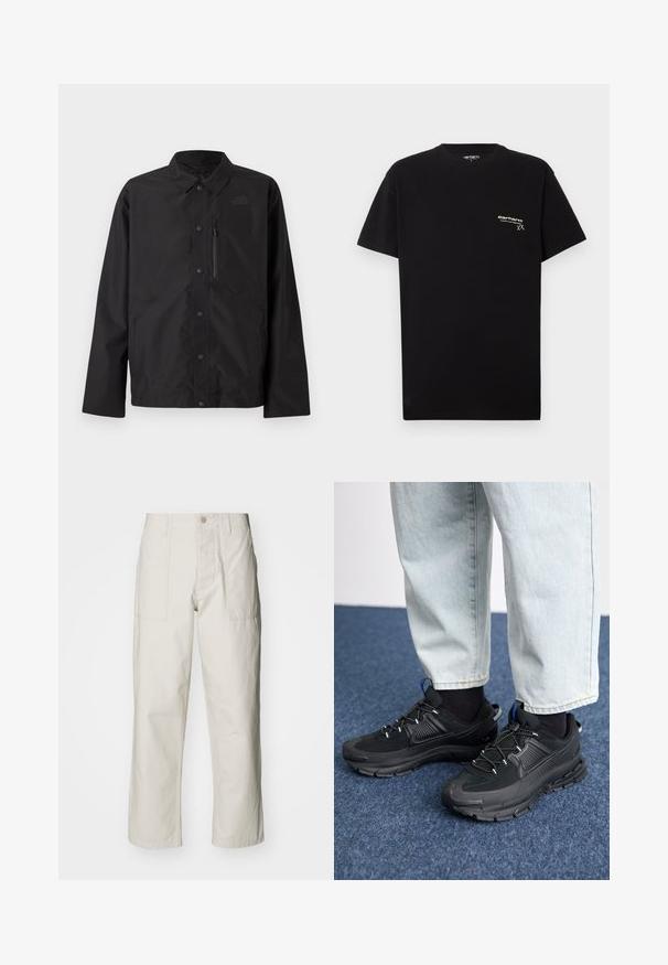 Black button-up jacket with collar, long sleeves, chest zip pocket, and subtle logo on the left chest.; Black cotton T-shirt with short sleeves, round neckline, and a small white logo printed on the left chest area.; Light beige wide-leg pants made of cotton. Features front pockets and a button closure. Smooth texture with subtle vertical lines.; Black athletic shoes with textured fabric and rubber soles, featuring elastic laces and a blue accent on the heel. Worn with light denim pants.