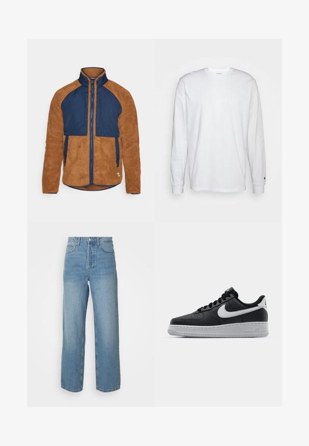 Fjällräven VARDAG PILE JACKET M - Flísová bunda - chestnut/navy; Biela dlhá bavlnená tričko s dlhým rukávom. Dizajn s okrúhlym výstrihom a rebrovanými manžetami, malá nášivka na ľavom rukáve. Hladká textura.; Svetlo modré riflové džínsy s vysokým pásom a rovnými nohavicami, s predným zapínaním na gombík a piatimi vreckami na plnom pozadí.; Čierne kožené tenisky s textúrovaným povrchom, biely Nike swoosh, šedá podrážka, okrúle špičky a šnurovací dizajn. Obsahuje perforácie na špičke.