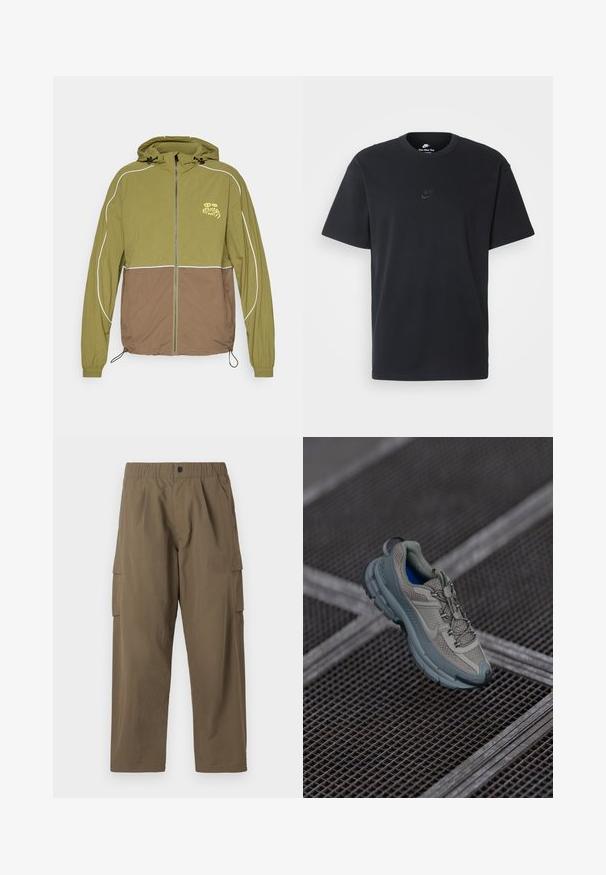 Casaco com capuz em verde oliva e castanho em dois tons, com fecho frontal, punhos elásticos, piping refletor e um pequeno gráfico no peito com a inscrição "KARMA09."; T-shirt de algodão preto da Nike com um clássico decote redondo, mangas curtas e um logótipo em relevo discreto no peito. Textura suave.; Oakley NEW RETRO PANTS - Calças cargo - raven; Sapatilha atlética bege e cinza com parte superior em malha texturizada, ponta arredondada e sola de borracha, com atacadores e colarinho almofadado.