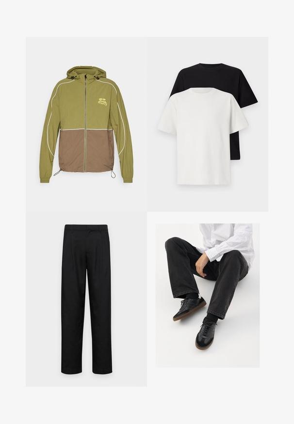 Dviem tonais olivinės žalios ir rudos spalvos kapucinė striukė su priekiniais užtrauktukais, elastinėmis rankogaliais, atspindinčiais glamžais ir mažais krūtinės grafika, ant kurios parašyta "KARMA09."; Medvilniniai marškiniai, kuriuos sudaro juodas ir baltas marškinėliai, abu su trumpomis rankovėmis, apvaliu iškirpimu ir standartiniu sijonu. Tekstūruota medžiaga.; Juodi kelnių modeliai, pagaminti iš lygios medžiagos, turi tiesią kojas, du priekiniai klostės ir standartinę juosmenį su diržo kilpomis.; Juodi sportbačiai su lygiu ir tekstūruotu paviršiumi, turi guminį padas ir tamsias raištelius. Suderinti su juodomis džinsais ir balta juostuota marškinėliais.