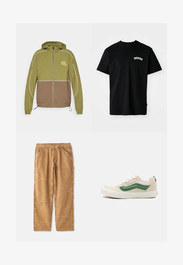 Casaco com capuz em verde oliva e castanho em dois tons, com fecho frontal, punhos elásticos, piping refletor e um pequeno gráfico no peito com a inscrição "KARMA09."; T-shirt de algodão preta com mangas curtas e decote redondo. Apresenta um logótipo curvo em branco "DICKIES" no peito. Design simples, sem padrões.; Calças de algodão bege com um ajuste solto, apresentando linhas de costura visíveis, detalhes em remendo e uma textura ligeiramente amarrotada.; Tênis em camurça bege com detalhes em couro verde, bico arredondado, cadarços brancos e acabamento texturizado nas laterais. Solado de borracha visível.