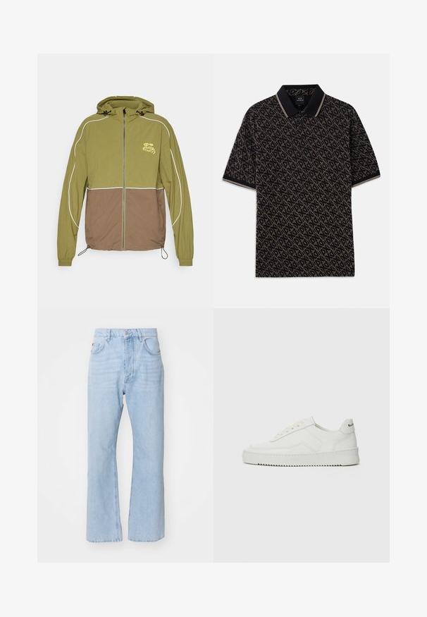 Giacca con cappuccio bicolore verde oliva e marrone, con zip frontale, polsini elastici, piping riflettente e una piccola grafica sul petto che legge "KARMA09."; Polo nero con un motivo geometrico dorato, maniche corte e colletto classico con accenti a strisce sottili.; Jeans in denim azzurro chiaro con una vestibilità rilassata, design a gamba dritta, stile tradizionale a cinque tasche e chiusura con bottone metallico.; Sneaker in pelle bianca con una finitura liscia, punta rotonda, lacci piatti e suola testurizzata. Presenta un logo discreto sul tallone.
