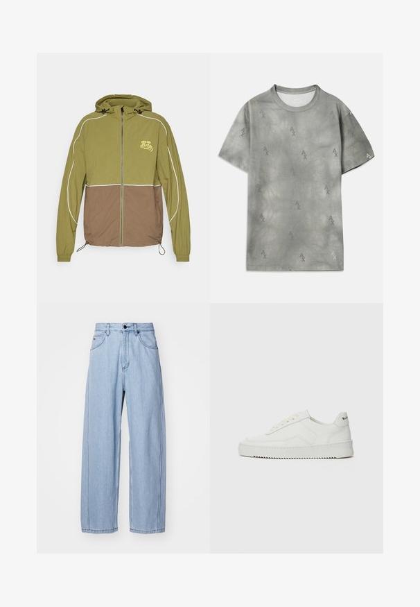 Chaqueta con capucha en verde oliva y marrón a dos tonos, con cremallera frontal, puños elásticos, ribetes reflectantes y un pequeño gráfico en el pecho que dice "KARMA09".; Camiseta de algodón gris con un sutil patrón de logo AX, cuello redondo, mangas cortas y un corte relajado. Textura suave con un estilo ligeramente desgastado.; Jeans de mezclilla azul claro con un diseño de pierna ancha, que cuentan con bolsillos frontales, un cierre de botón y costuras detalladas a lo largo de las costuras.; Zapatilla de cuero blanca con un acabado suave, puntera redonda, cordones planos y suela texturizada. Cuenta con un sutil logo en el talón.