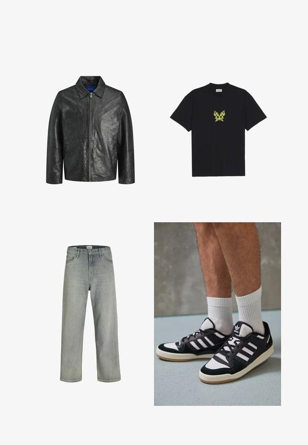 Veste en cuir noir avec une texture froissée, fermeture éclair et col. Elle possède des manches longues et des poches latérales.; T-shirt en coton noir avec un petit graphique de papillon à motif flammes jaunes sur la poitrine. Encolure ronde, manches courtes.; Jeans gris clair, de coupe ample en denim. Présente un design classique à cinq poches, des passants de ceinture et une silhouette à jambe droite.; Baskets noir et blanc avec une tige en suède et cuir, comportant trois rayures blanches, un bout perforé et une semelle en caoutchouc gum.