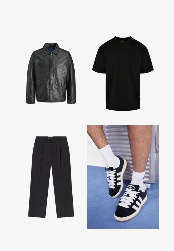 Schwarze Lederjacke mit zerknitterter Textur, Reißverschluss und Kragen. Hat lange Ärmel und Seitentaschen.; Schwarzes T-Shirt aus Baumwolle, mit Rundhalsausschnitt und kurzen Ärmeln in lockerer Passform. Einfaches Design, ohne Muster oder Grafiken.; Maßgeschneiderte dunkelblaue Stoffhosen mit hoher Taille, zwei frontalen Falten, Knopfverschluss und geraden Beinen aus glattem Material.; Schwarze Wildledersneaker mit weißen Schnürsenkeln und drei weißen Streifen. Verfügt über ein kreisförmiges schwarzes Logo auf der Zunge und eine Gummisohle.
